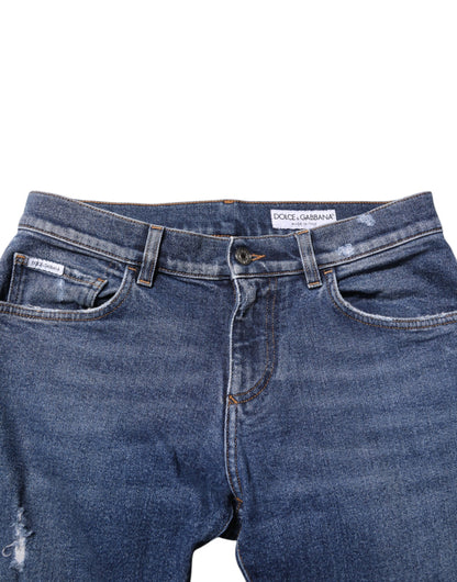 Dolce & Gabbana Blue Cotton Logo Plaque Skinny Denim Jeans for Men