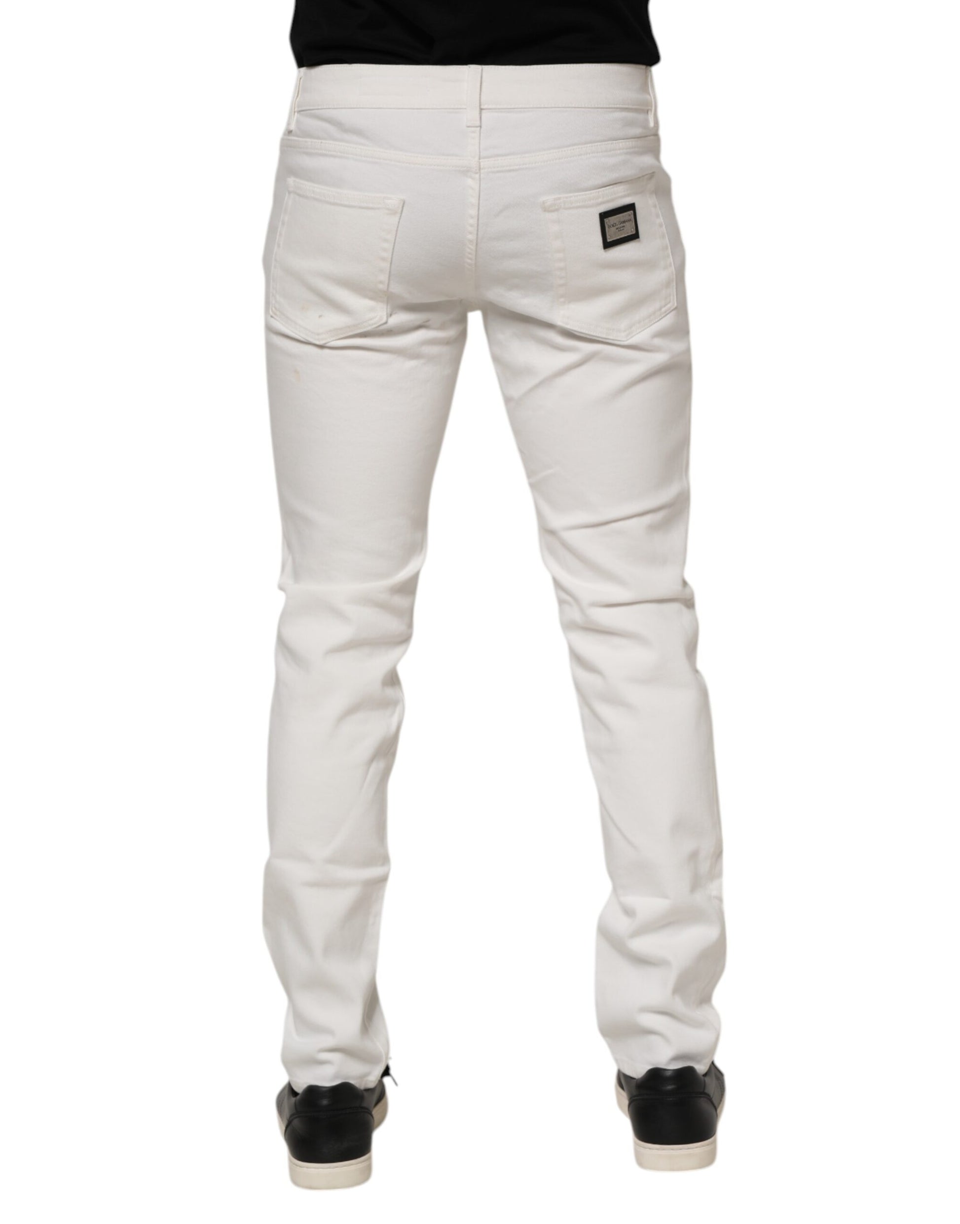 Dolce & Gabbana White Cotton Logo Plaque Slim Fit Denim Jeans