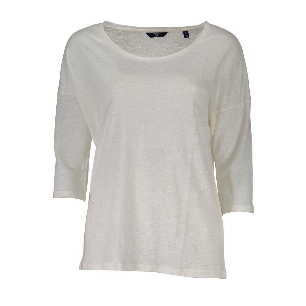 Gant White Linen Short Sleeve T-Shirt with Wide Neck and Logo