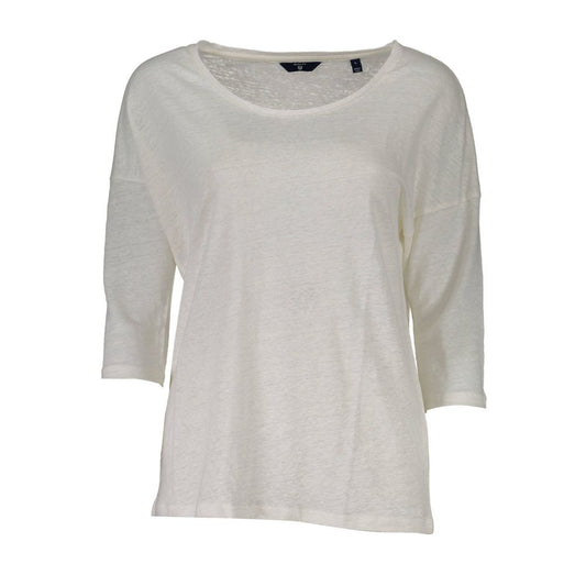 Gant White Linen Short Sleeve T-Shirt with Wide Neck and Logo