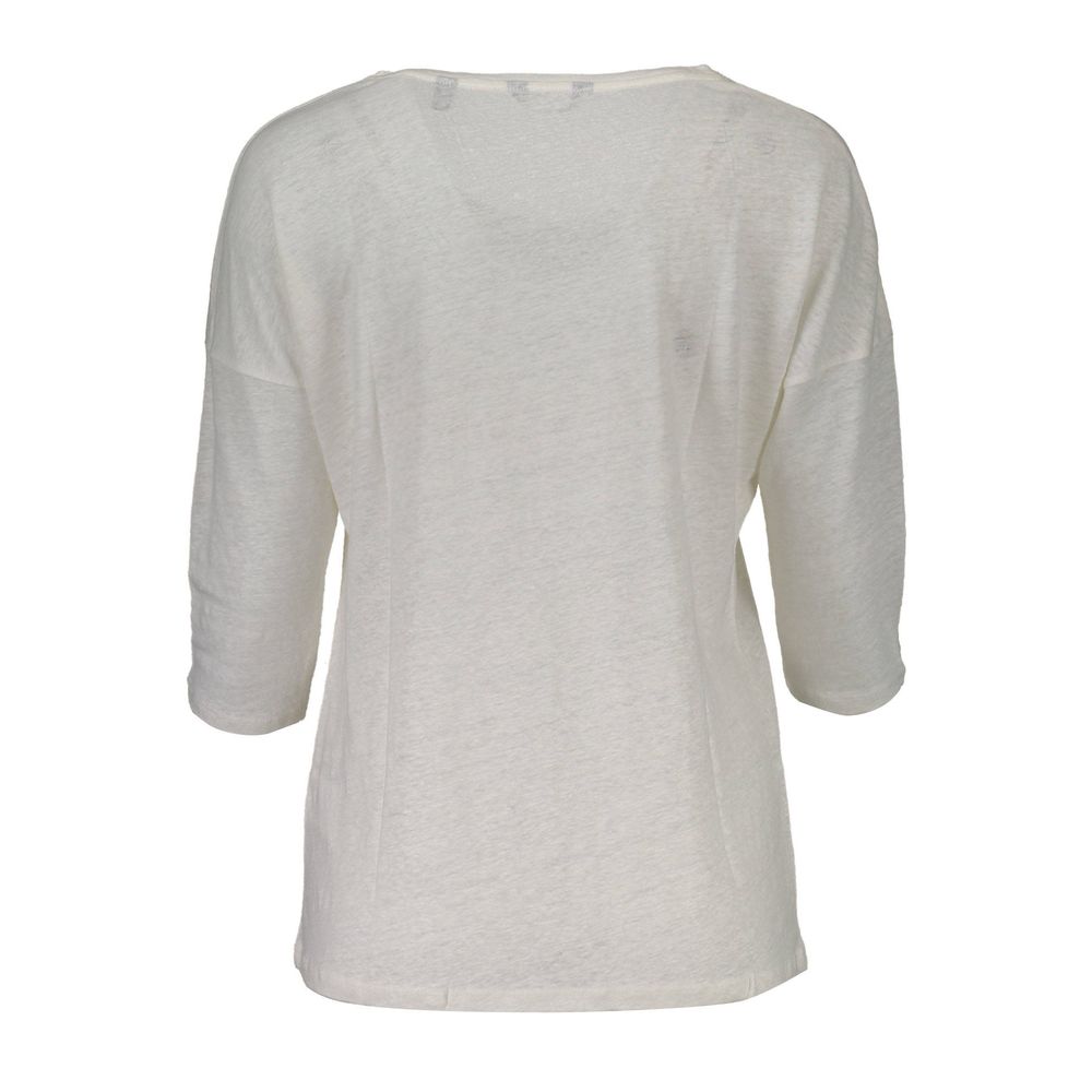 Gant White Linen Short Sleeve T-Shirt with Wide Neck and Logo