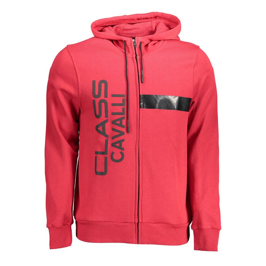 Cavalli Class Red Cotton Sweater with Hood and Zip