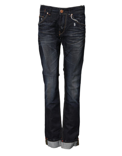 ACHT Blue Washed Cotton Mid Waist Flared Denim Jeans - Contemporary Elegance