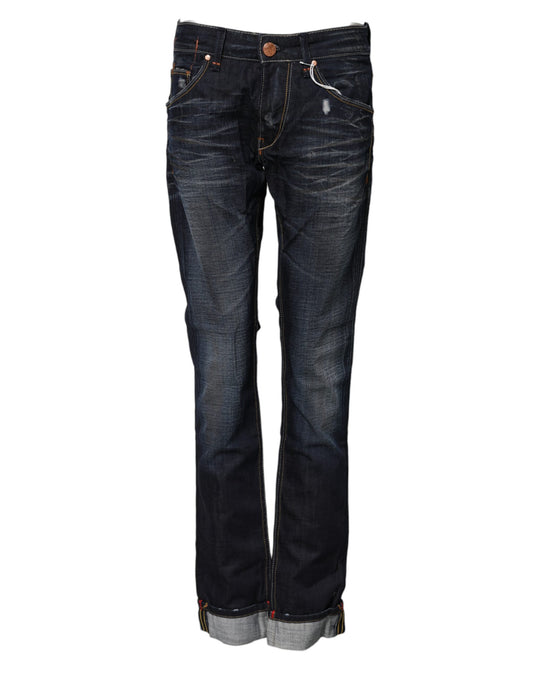 ACHT Blue Washed Cotton Mid Waist Flared Denim Jeans