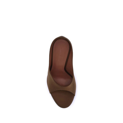 Amina Muaddi Anok Satin Sandals in Mocha