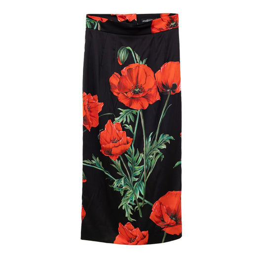 Dolce & Gabbana Black with Red Roses Print Silk Skirt