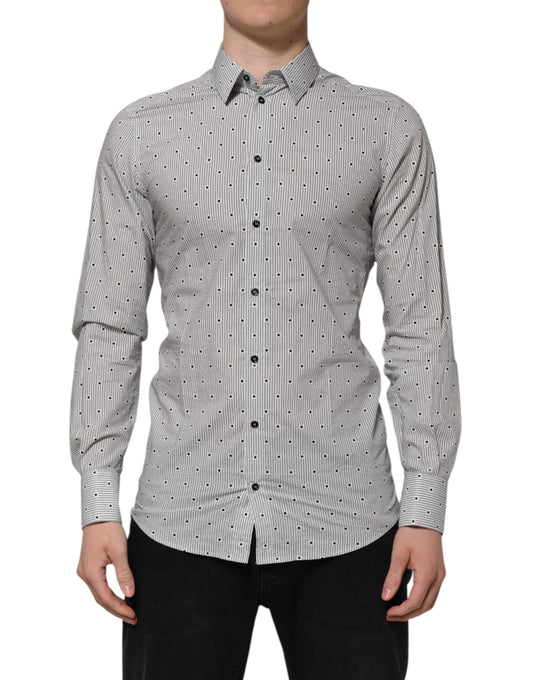 Dolce & Gabbana Gray Dotted Semi Fitted Gold Men Formal Shirt