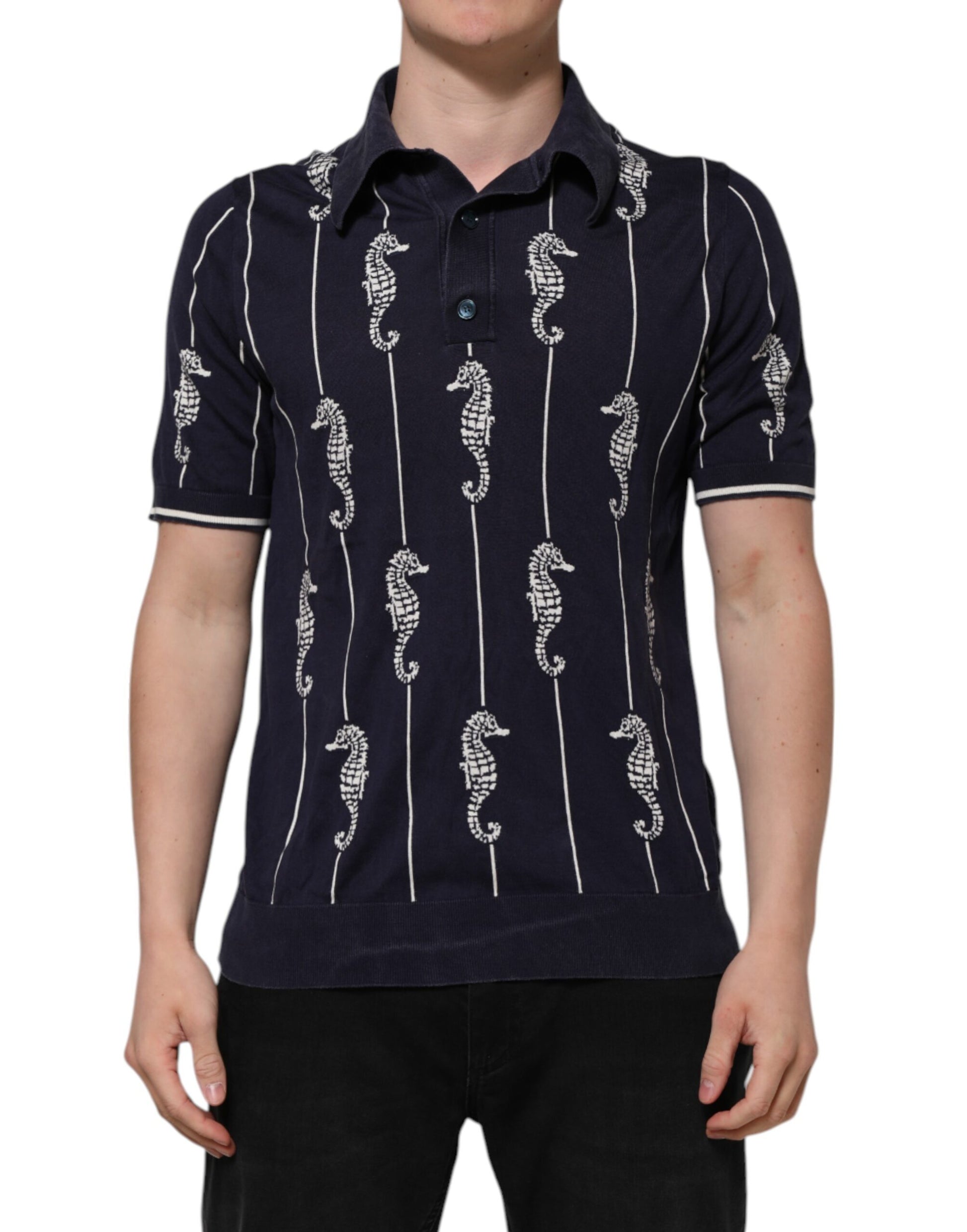 Dolce & Gabbana Dark Blue Sea Horse Collared Polo T-shirt