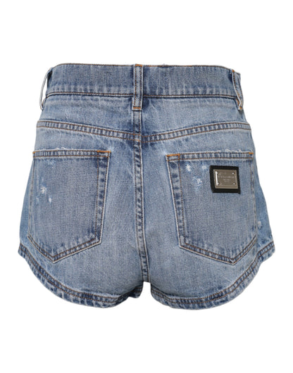 Dolce & Gabbana Blue Logo Plaque Denim Cotton Hot Pants Shorts