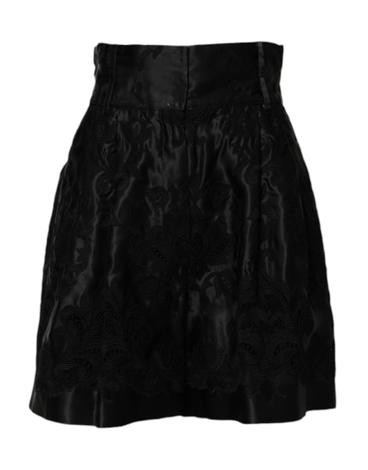 Dolce & Gabbana Black Floral Embroidery Silk High Waist Shorts