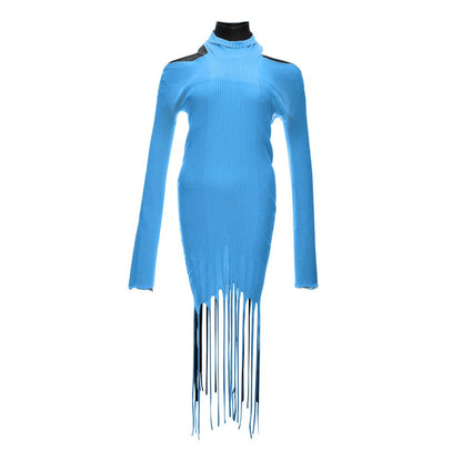 Bottega Veneta Blue Cotton & Silk Blend Cold Shoulder Fringed Dress