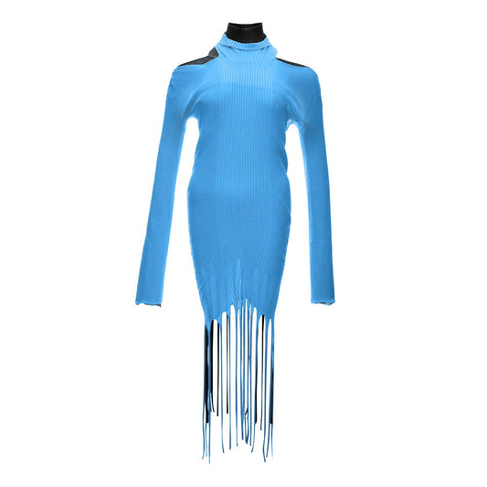 Bottega Veneta Blue Cotton & Silk Blend Cold Shoulder Fringed Dress