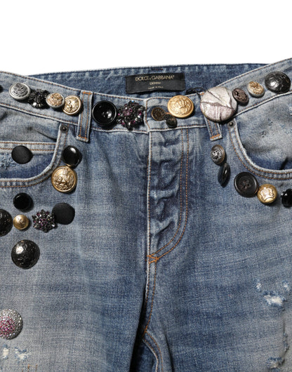 Dolce & Gabbana Blue Embellished Tattered Skinny Denim Jeans
