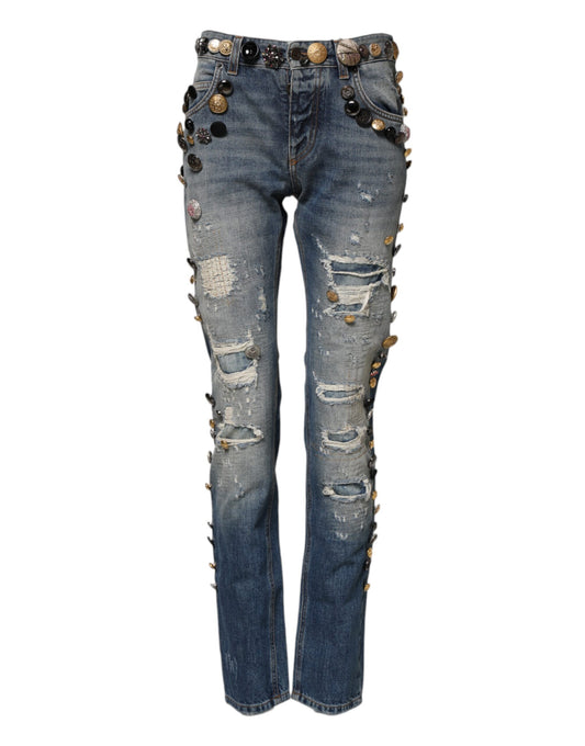 Dolce & Gabbana Blue Embellished Tattered Skinny Denim Jeans