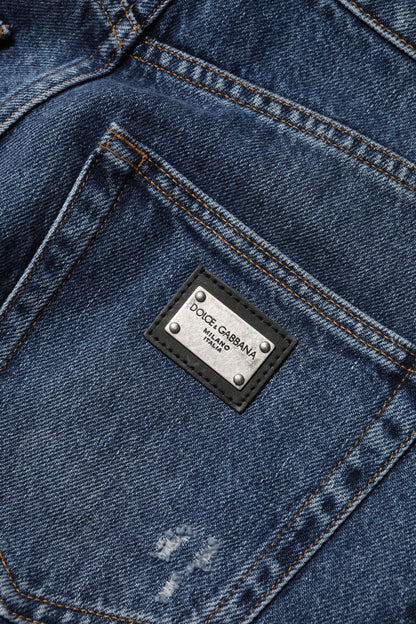 Dolce & Gabbana Blue Cotton Wide Leg Tattered Denim Jeans