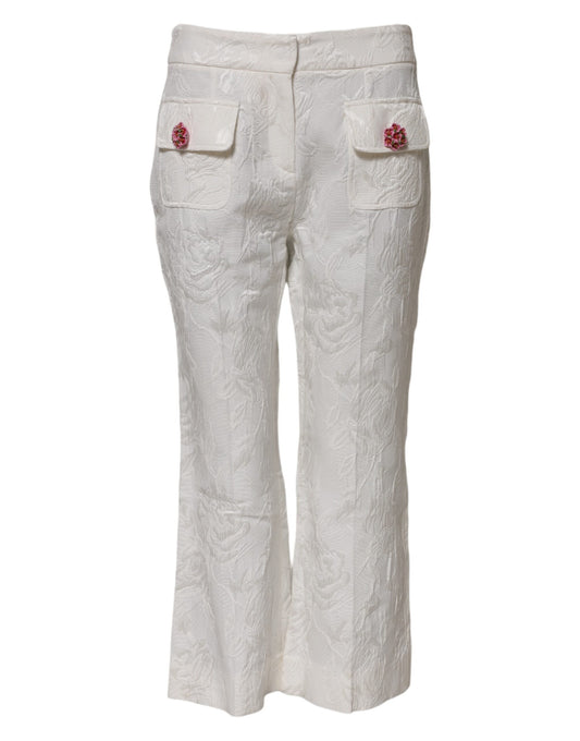 Dolce & Gabbana White Cotton Floral Jacquard Cropped Flared Pants