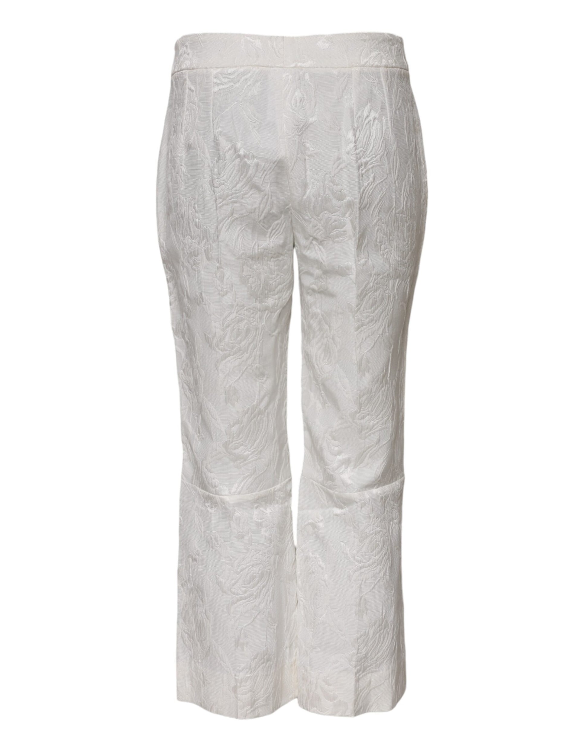 Dolce & Gabbana White Cotton Floral Jacquard Cropped Flared Pants