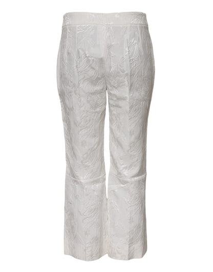 Dolce & Gabbana White Cotton Floral Jacquard Cropped Flared Pants