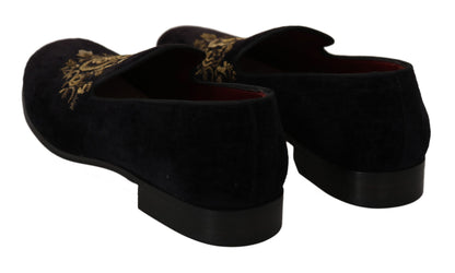  - Elegant Black Loafers with Gold Crown Embroidery