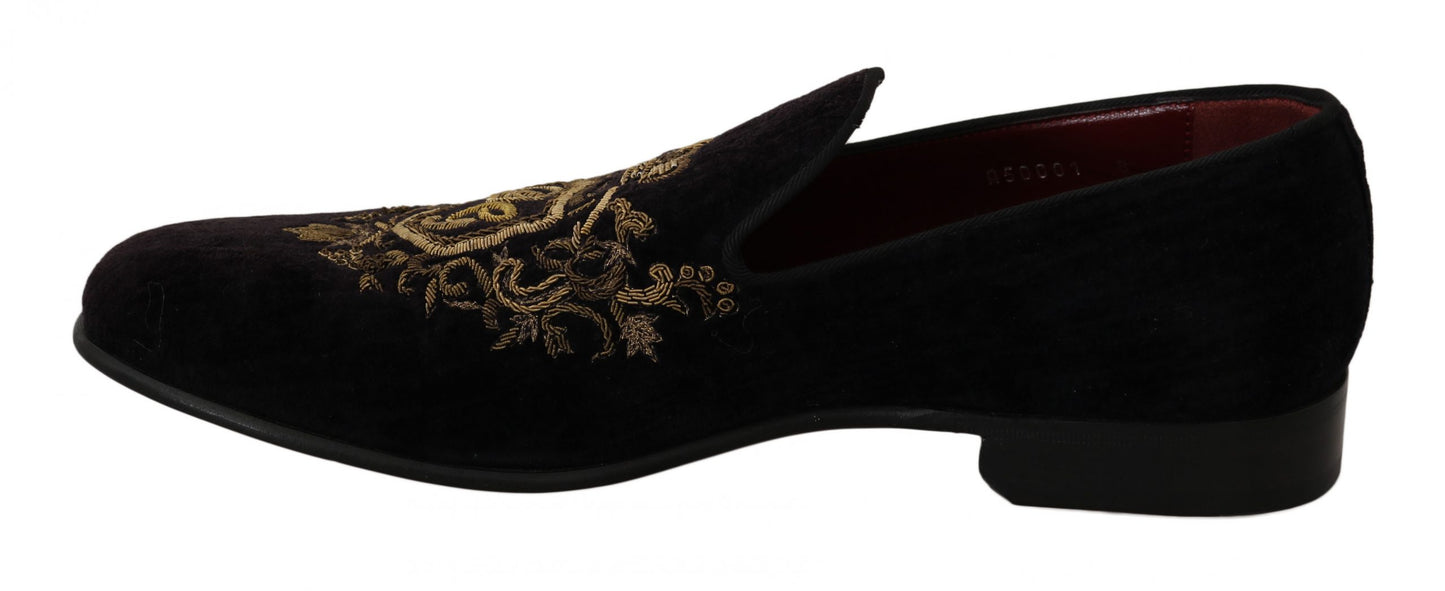  - Elegant Black Loafers with Gold Crown Embroidery