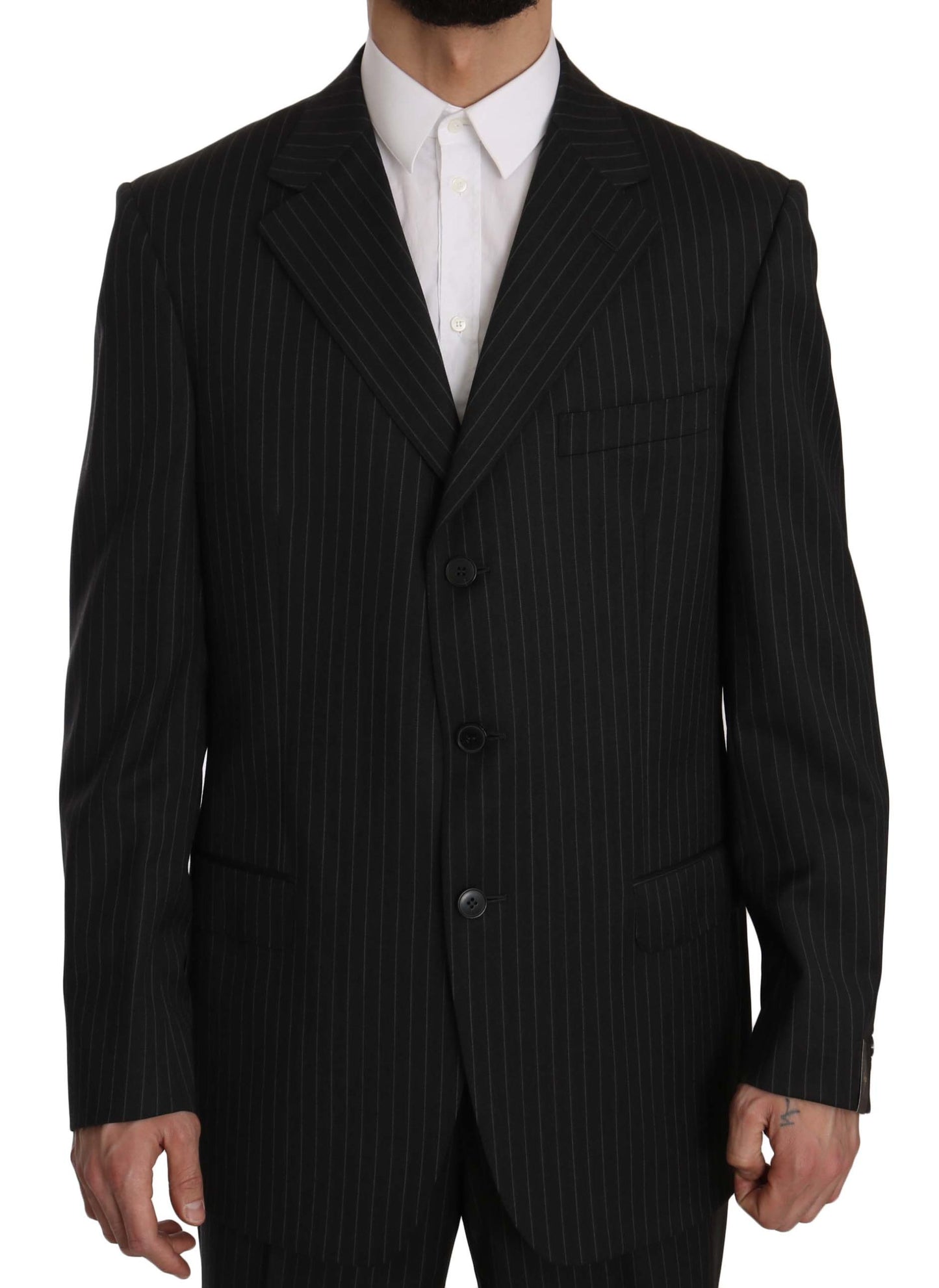  - Elegant Black Striped Wool Suit