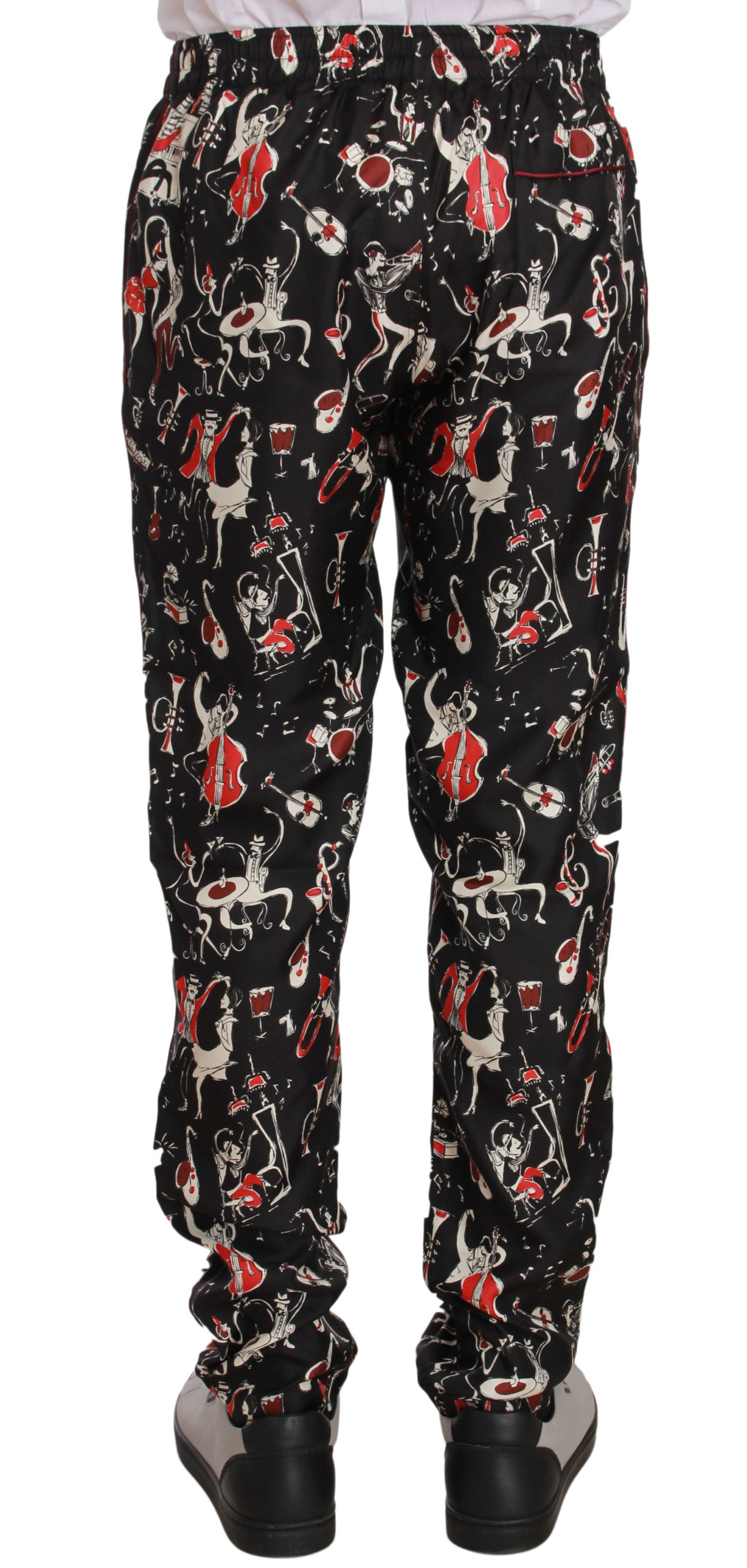  - Elegant Black Silk Lounge Pants with Red Print