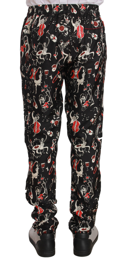  - Elegant Black Silk Lounge Pants with Red Print