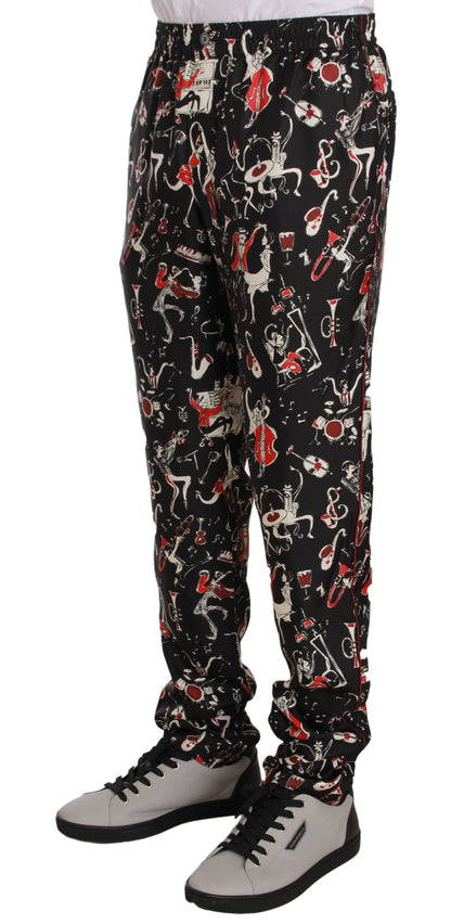  - Elegant Black Silk Lounge Pants with Red Print