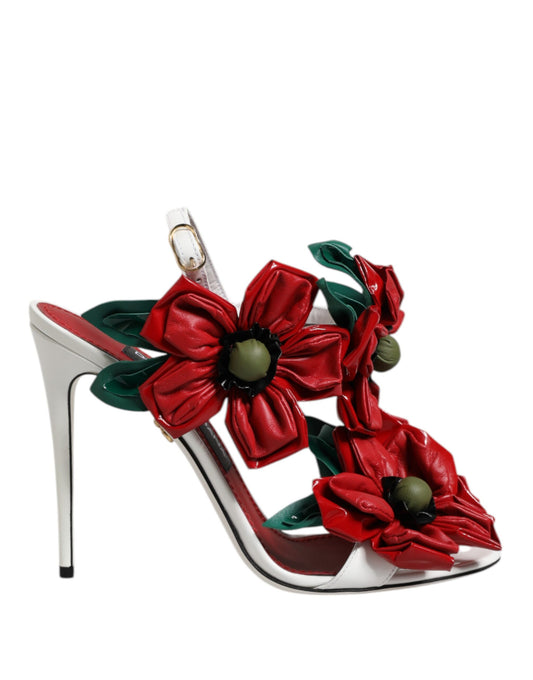 Dolce & Gabbana White Leather Floral Detailing Sandals Shoes