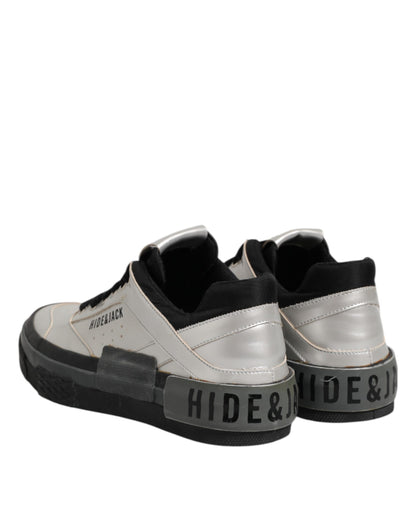 HIDE & JACK Silver Leather Lace Up Low Top Sneakers Shoes