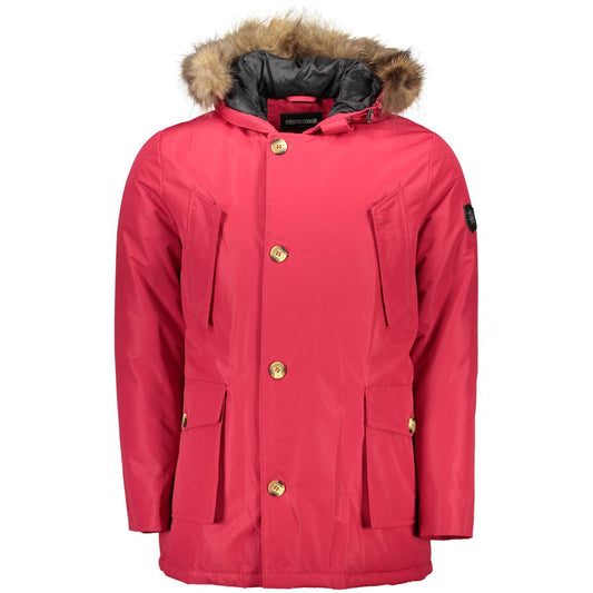 Roberto Cavalli Red Polyester Jacket with Removable Fur