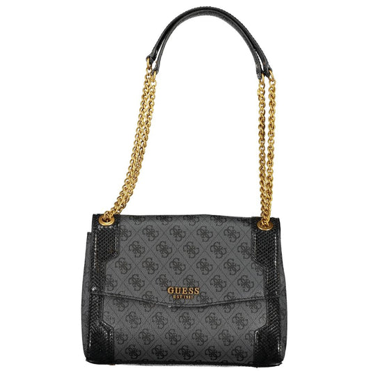 Guess Jeans Black AJIONA Chain Shoulder Bag – Faux Leather, Stylish Multi-Compartment Design