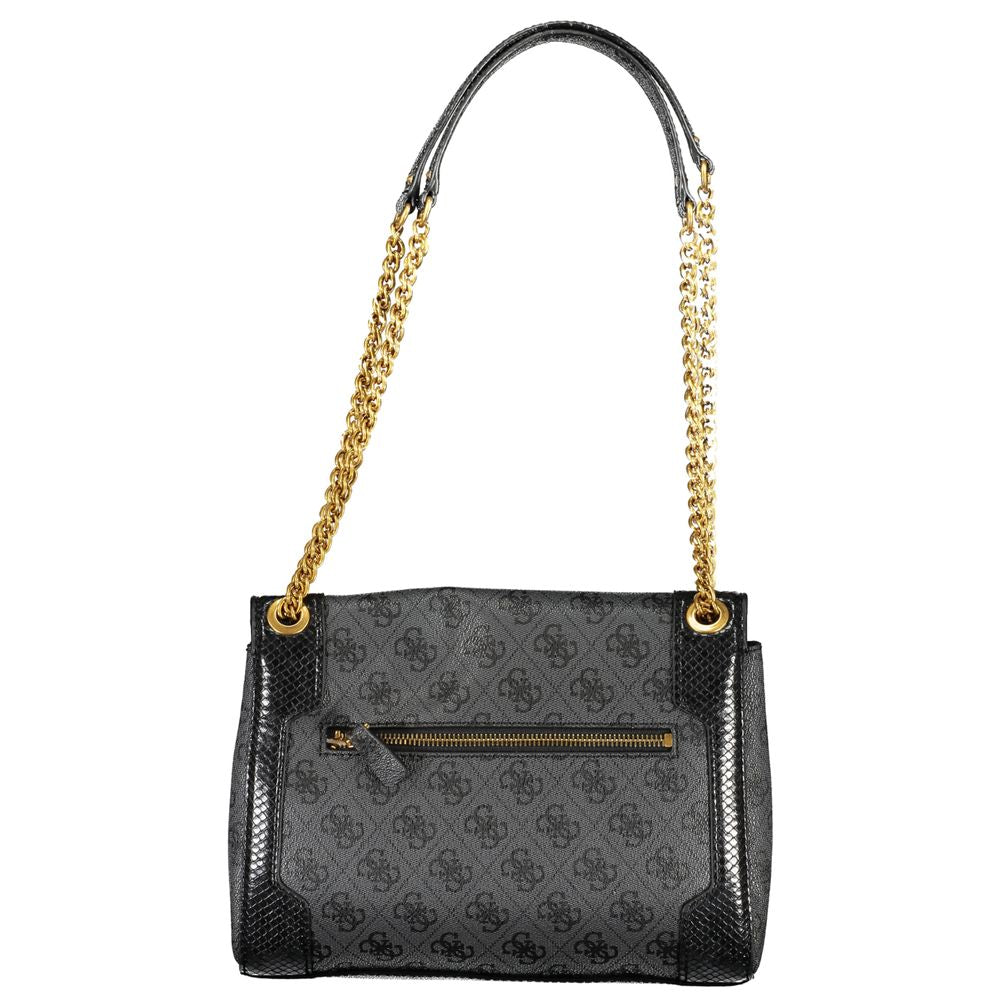 Guess Jeans Black AJIONA Chain Shoulder Bag – Faux Leather, Stylish Multi-Compartment Design