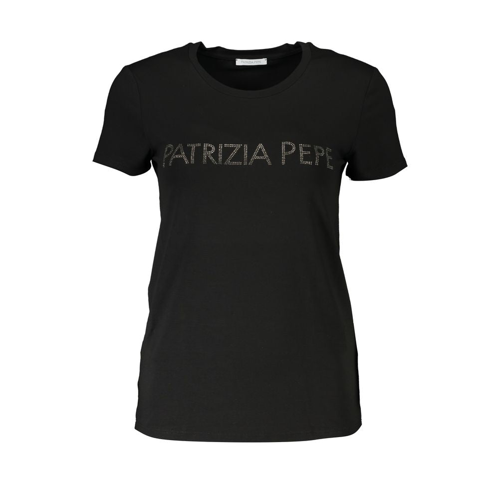 Patrizia Pepe Black Elastane Short Sleeve T-Shirt with Rhinestone Logo