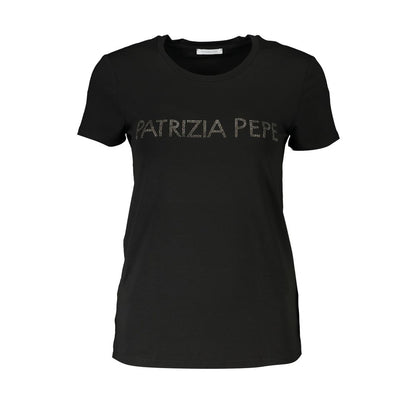 Patrizia Pepe Black Elastane Short Sleeve T-Shirt with Rhinestone Logo