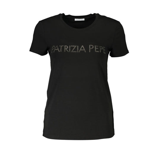 Patrizia Pepe Black Elastane Short Sleeve T-Shirt with Rhinestone Logo
