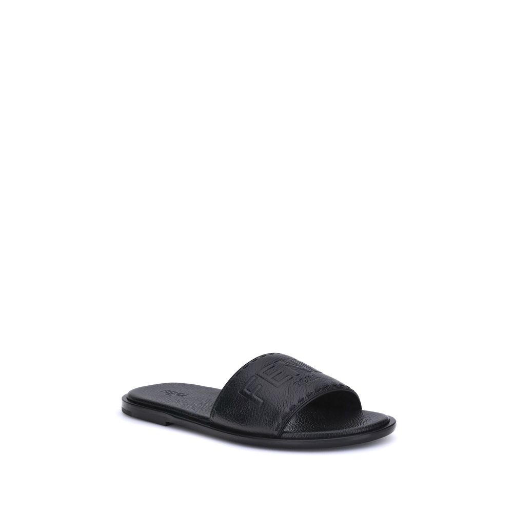 Fendi Logo Sandals in Black Grained Leather