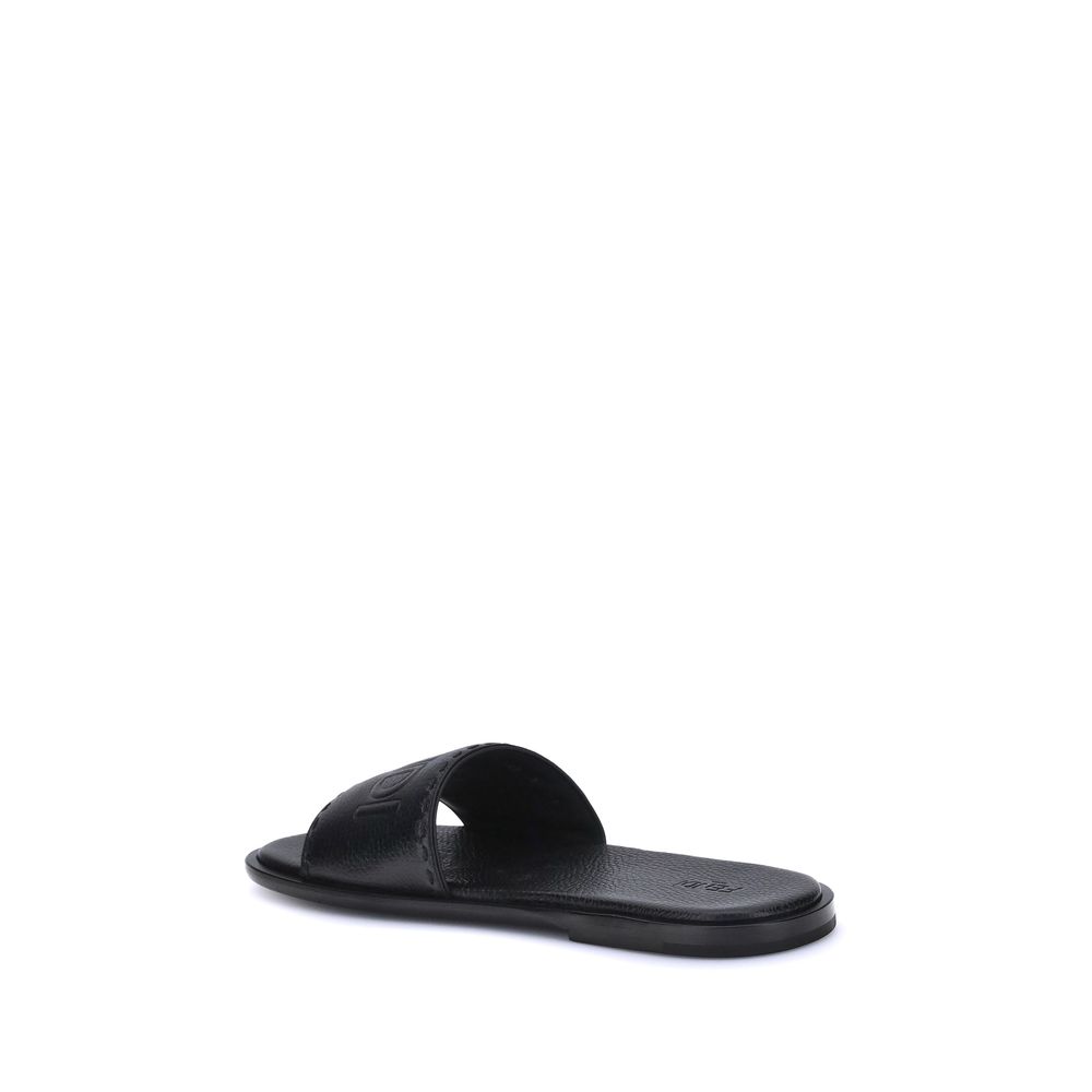 Fendi Logo Sandals in Black Grained Leather