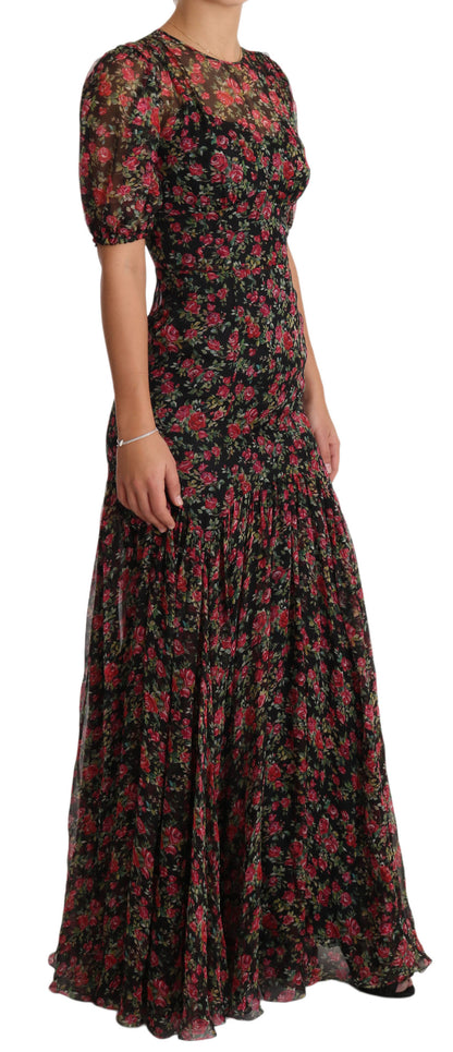  - Elegant Black Silk Floral A-Line Gown