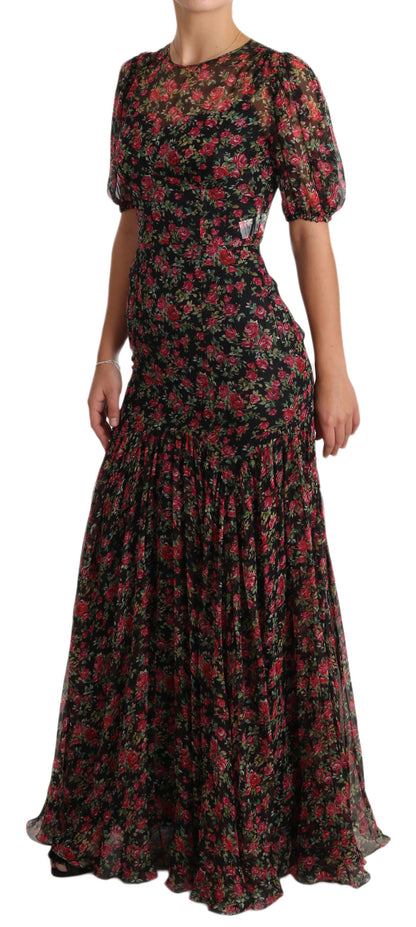  - Elegant Black Silk Floral A-Line Gown