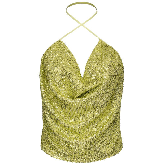 PINKO Statement-Making Green Polyester Top with Sequin Embroidery