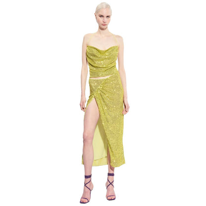 PINKO Statement-Making Green Polyester Top with Sequin Embroidery