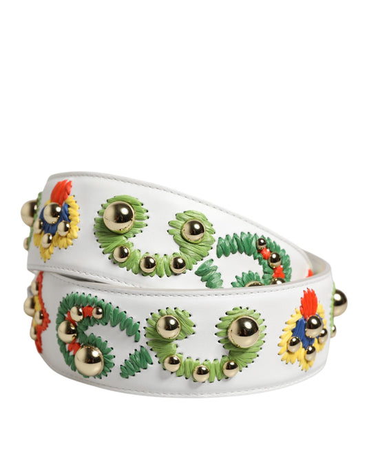 Dolce & Gabbana White Calfskin Raffia Embroidered Patchwork Shoulder Strap