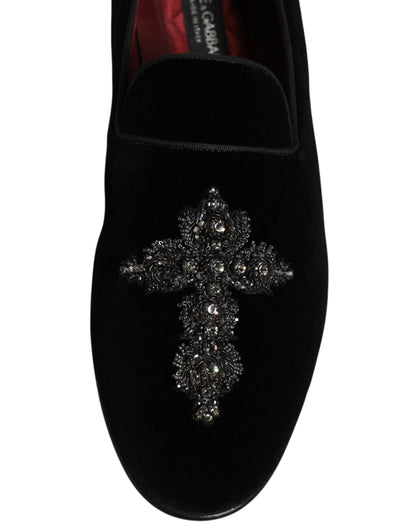 Dolce & Gabbana Black Velvet Embellished Loafer Slip On Shoes