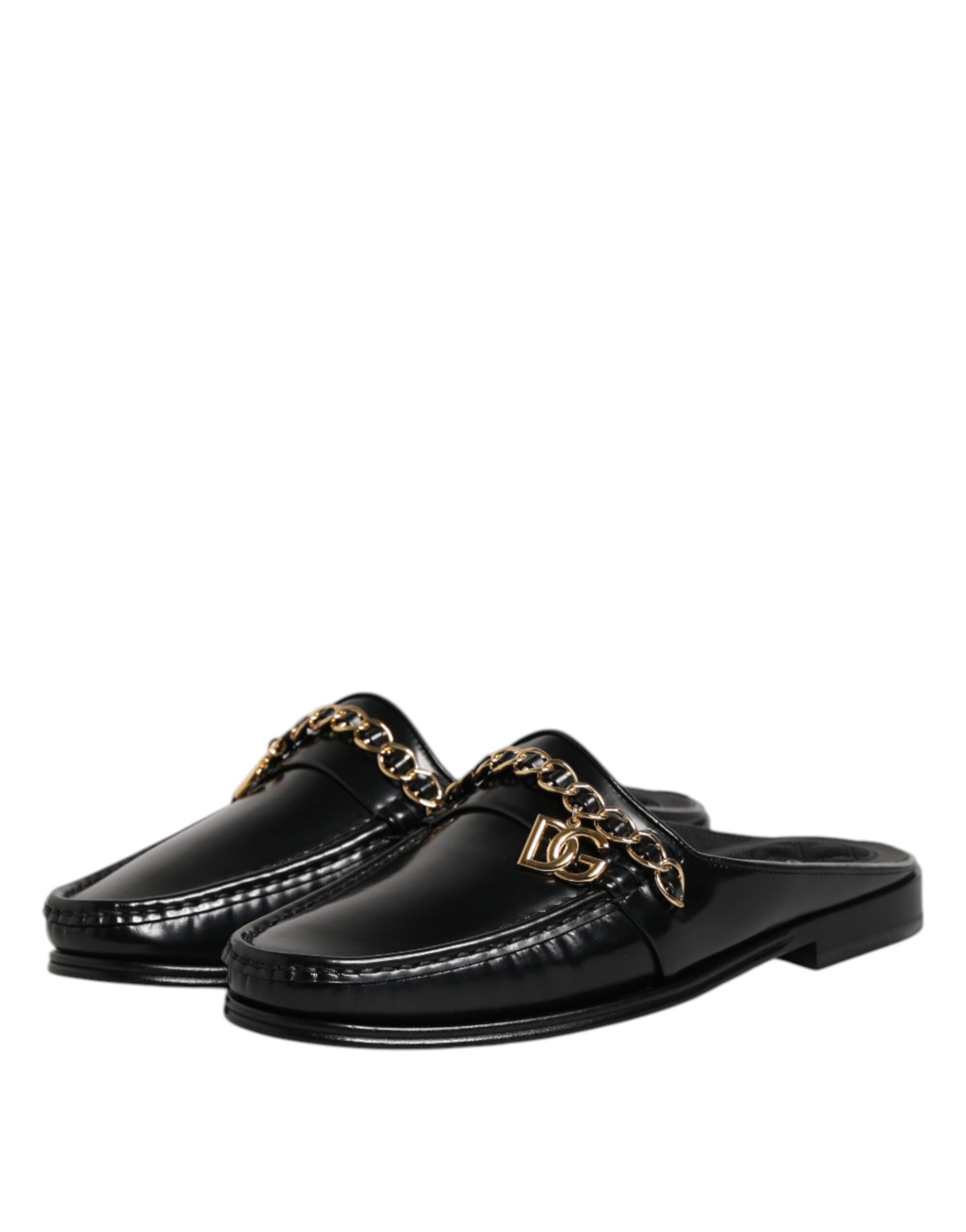 Dolce & Gabbana Black Leather DG Chain Embellished Sandals