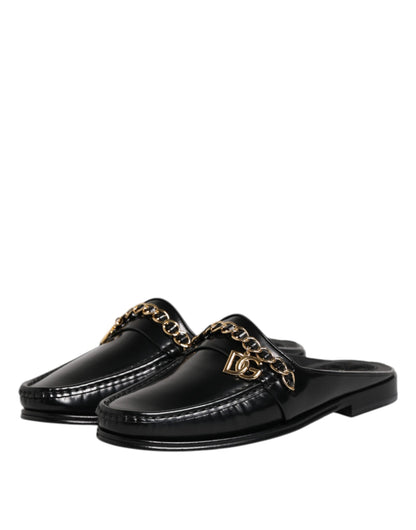 Dolce & Gabbana Black Leather DG Chain Embellished Sandals