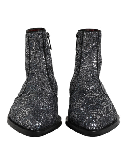 Dolce & Gabbana Dark Gray Cotton Sequined Chelsea Boots
