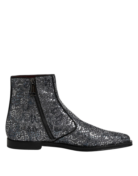 Dolce & Gabbana Dark Gray Cotton Sequined Chelsea Boots