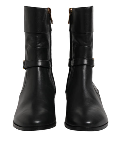 Dolce & Gabbana Black Leather Flats Logo Short Boots