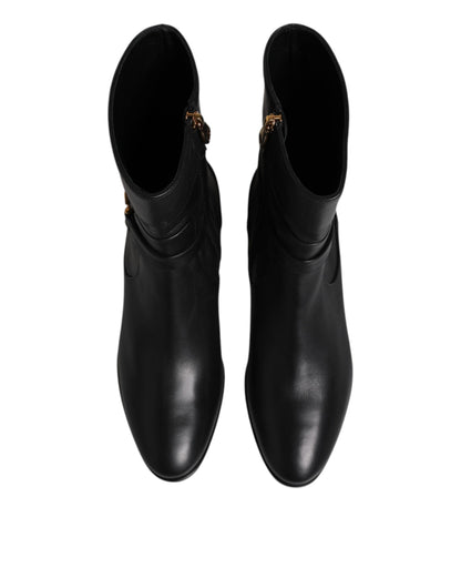 Dolce & Gabbana Black Leather Flats Logo Short Boots